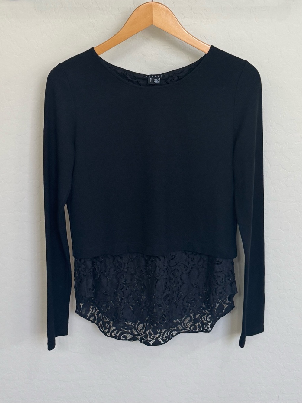 Theory Bente Lace Idol Jersey Wool Blend Long Sleeve Top Black Size M
